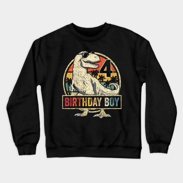 Kids 4 Year Old 4th Birthday Boy T Rex Dinosaur Crewneck Sweatshirt by Aleem James